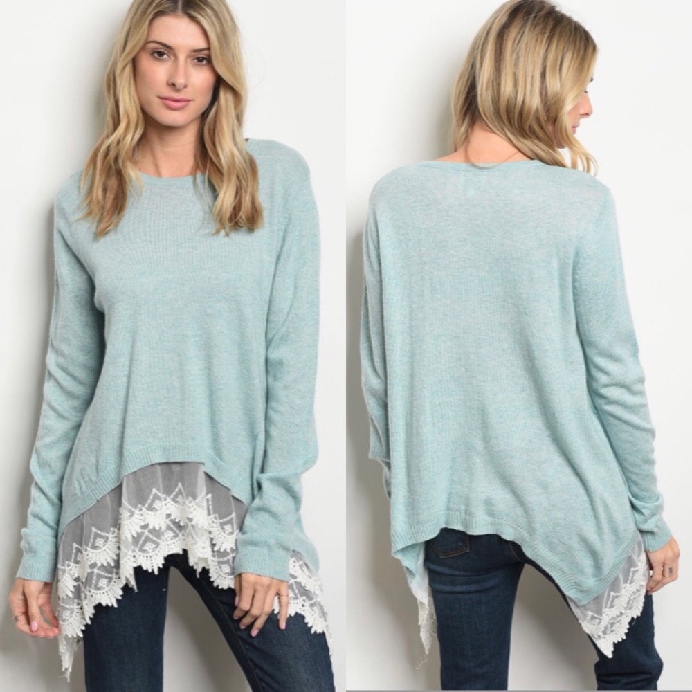 Aqua Sweater Knit Lace Trim Long Sleeve Tunic Top